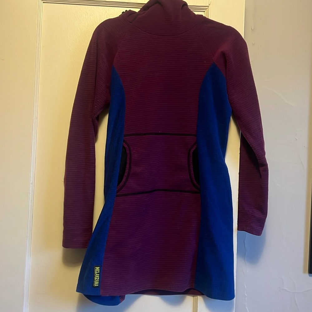 Melanzana Micro Grid Fleece Hoodie Dress Womens medium Purple Blue Leadville CO
